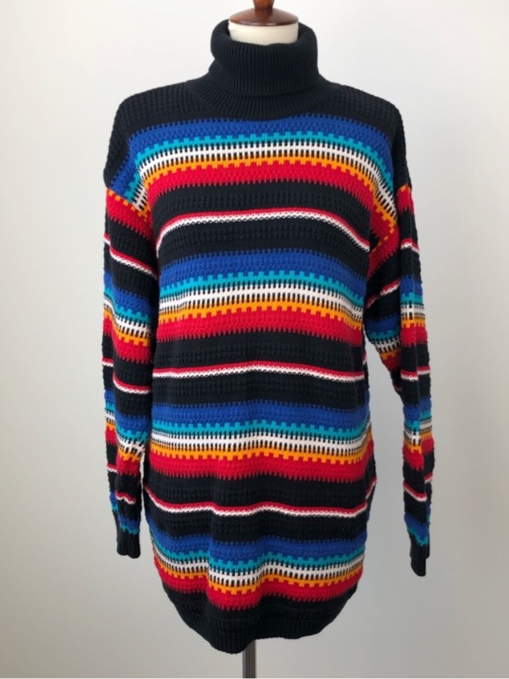 Vintage Knit Liz Claiborne Sport Rainbow Funky Striped Nordic Turtleneck Cotton